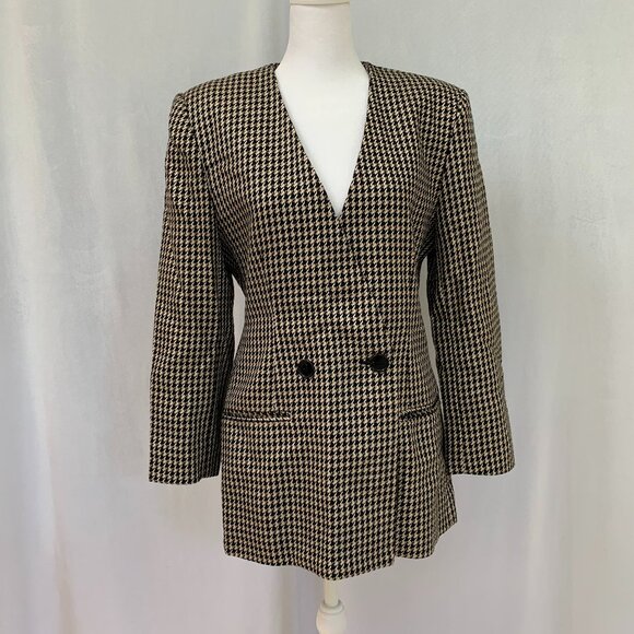 Vtg 80s Houndstooth Double Breast Wool Blazer Jacket Made in USA - Picture 2 of 16
